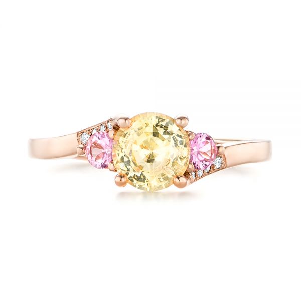 14k Rose Gold Custom Three Stone Yellow And Pink Sapphire And Diamond Engagement Ring - Top View -  103216