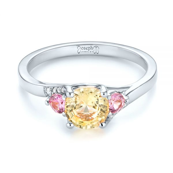 18k White Gold 18k White Gold Custom Three Stone Yellow And Pink Sapphire And Diamond Engagement Ring - Flat View -  103216