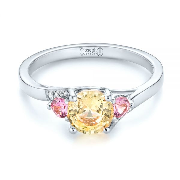 Platinum Platinum Custom Three Stone Yellow And Pink Sapphire And Diamond Engagement Ring - Flat View - 103216