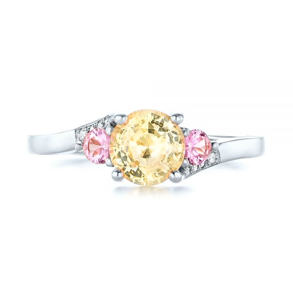 18k White Gold 18k White Gold Custom Three Stone Yellow And Pink Sapphire And Diamond Engagement Ring - Top View -  103216