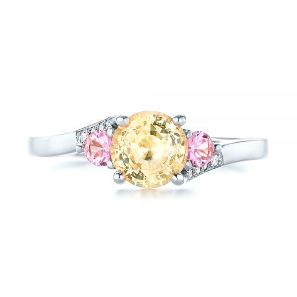 Platinum Platinum Custom Three Stone Yellow And Pink Sapphire And Diamond Engagement Ring - Top View - 103216
