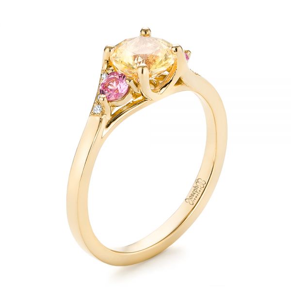 18k Yellow Gold 18k Yellow Gold Custom Three Stone Yellow And Pink Sapphire And Diamond Engagement Ring - Three-Quarter View -  103216