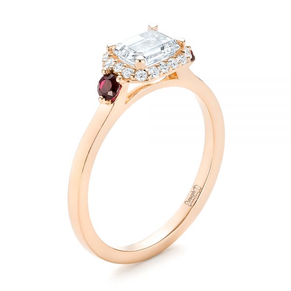 14k Rose Gold 14k Rose Gold Custom Three Stone Ruby And Diamond Engagement Ring - Three-Quarter View -  103239