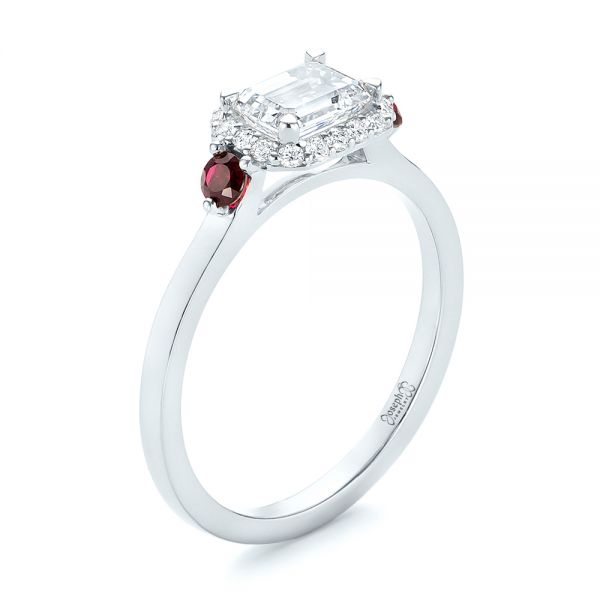 18k White Gold 18k White Gold Custom Three Stone Ruby And Diamond Engagement Ring - Three-Quarter View -  103239