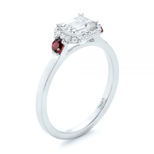  Platinum Platinum Custom Three Stone Ruby And Diamond Engagement Ring - Three-Quarter View -  103239