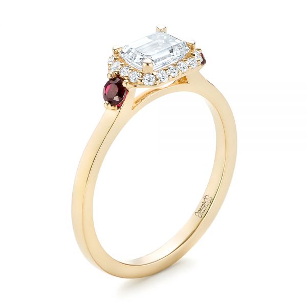 14k Yellow Gold Custom Three Stone Ruby And Diamond Engagement Ring - Three-Quarter View -  103239