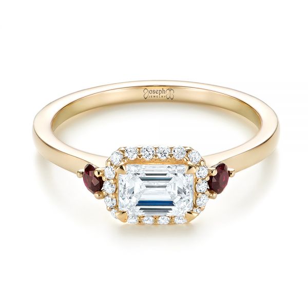 14k Yellow Gold Custom Three Stone Ruby And Diamond Engagement Ring - Flat View -  103239