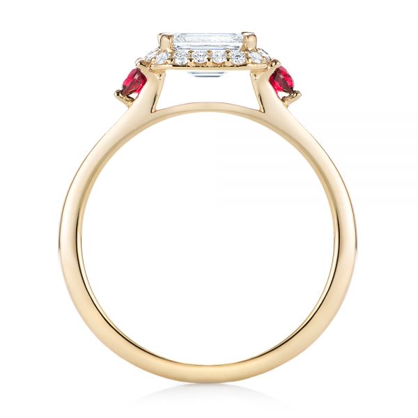 14k Yellow Gold Custom Three Stone Ruby And Diamond Engagement Ring - Front View -  103239