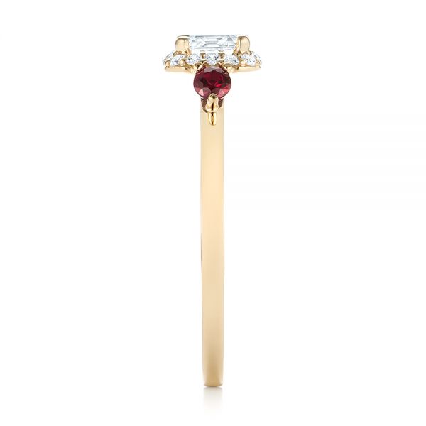 14k Yellow Gold Custom Three Stone Ruby And Diamond Engagement Ring - Side View -  103239