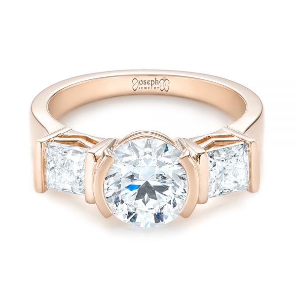 18k Rose Gold 18k Rose Gold Custom Three Stone Semi Bezel Diamond Engagement Ring - Flat View -  104688
