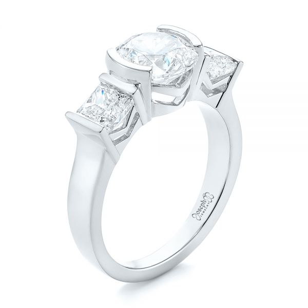 18k White Gold 18k White Gold Custom Three Stone Semi Bezel Diamond Engagement Ring - Three-Quarter View -  104688