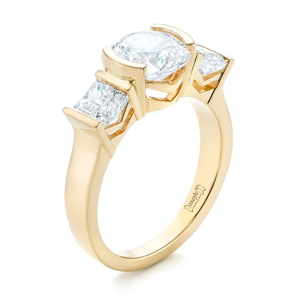 14k Yellow Gold Custom Three Stone Semi Bezel Diamond Engagement Ring - Three-Quarter View -  104688