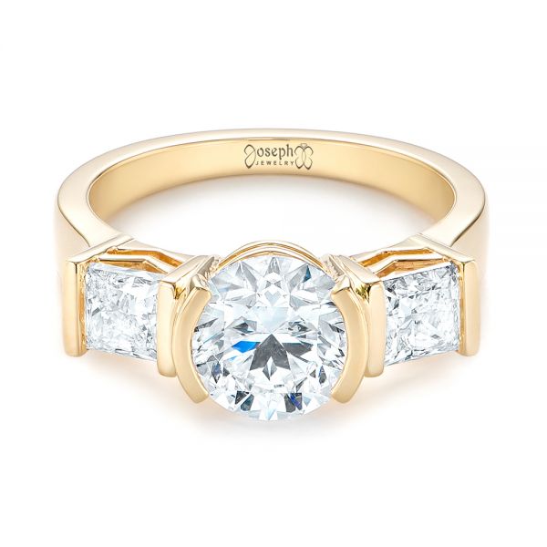 14k Yellow Gold Custom Three Stone Semi Bezel Diamond Engagement Ring - Flat View -  104688