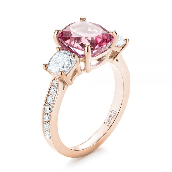 18k Rose Gold 18k Rose Gold Custom Three Stone Spinel And Diamond Engagement Ring - Three-Quarter View -  103647