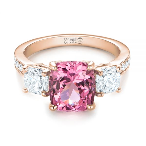 14k Rose Gold 14k Rose Gold Custom Three Stone Spinel And Diamond Engagement Ring - Flat View -  103647
