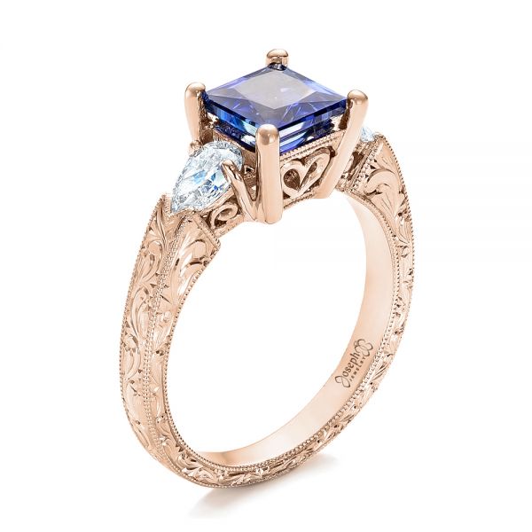 14k Rose Gold 14k Rose Gold Custom Three Stone Tanzanite And Diamond Anniversary Ring - Three-Quarter View - 102144