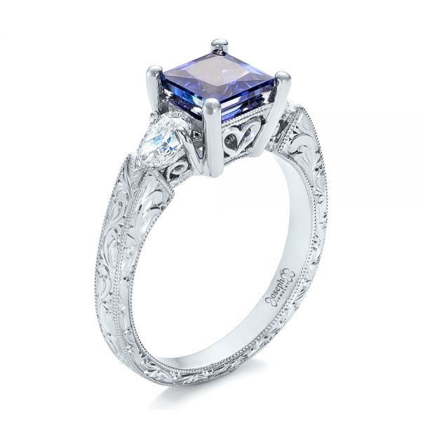 14k White Gold 14k White Gold Custom Three Stone Tanzanite And Diamond Anniversary Ring - Three-Quarter View -  102144