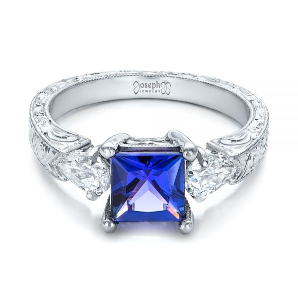 14k White Gold 14k White Gold Custom Three Stone Tanzanite And Diamond Anniversary Ring - Flat View -  102144