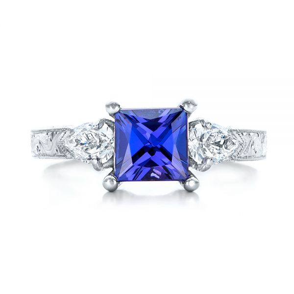 Platinum Platinum Custom Three Stone Tanzanite And Diamond Anniversary Ring - Top View - 102144