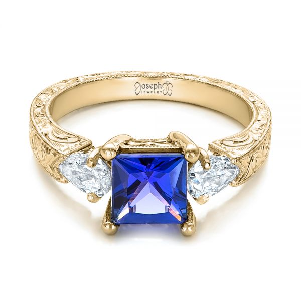 18k Yellow Gold 18k Yellow Gold Custom Three Stone Tanzanite And Diamond Anniversary Ring - Flat View - 102144