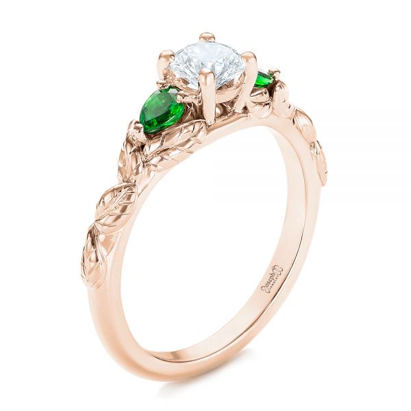 18k Rose Gold 18k Rose Gold Custom Three-stone Tsavorite And Diamond Engagement Ring - Three-Quarter View - 103209