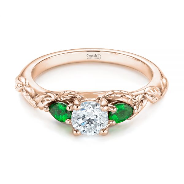18k Rose Gold 18k Rose Gold Custom Three-stone Tsavorite And Diamond Engagement Ring - Flat View - 103209