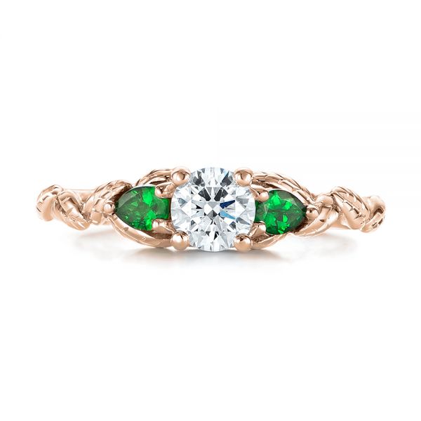 18k Rose Gold 18k Rose Gold Custom Three-stone Tsavorite And Diamond Engagement Ring - Top View - 103209