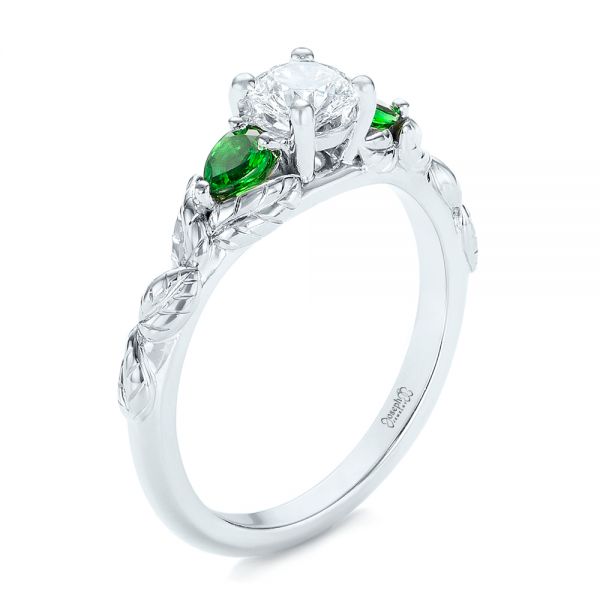 14k White Gold Custom Three-stone Tsavorite And Diamond Engagement Ring - Three-Quarter View -  103209