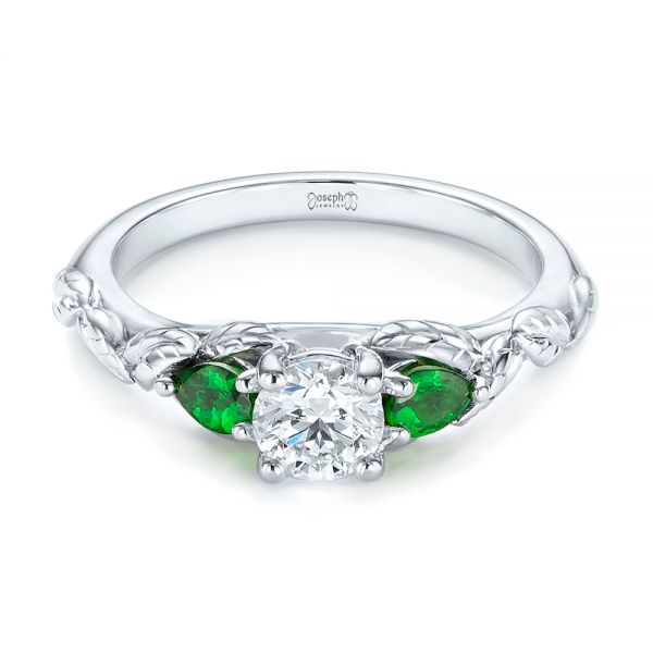 14k White Gold Custom Three-stone Tsavorite And Diamond Engagement Ring - Flat View -  103209