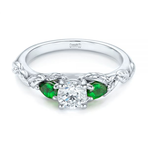 18k White Gold 18k White Gold Custom Three-stone Tsavorite And Diamond Engagement Ring - Flat View -  103209