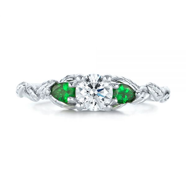 14k White Gold Custom Three-stone Tsavorite And Diamond Engagement Ring - Top View -  103209