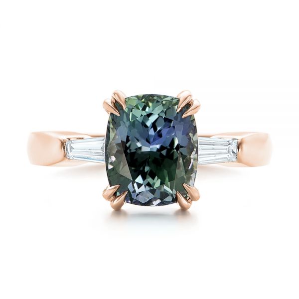 18k Rose Gold 18k Rose Gold Custom Three Stone Zoisite And Diamond Engagement Ring - Top View - 103288