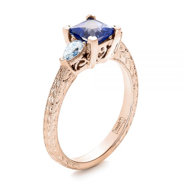 18k Rose Gold 18k Rose Gold Custom Three Stone And Blue Sapphire Engagement Ring - Three-Quarter View - 102046