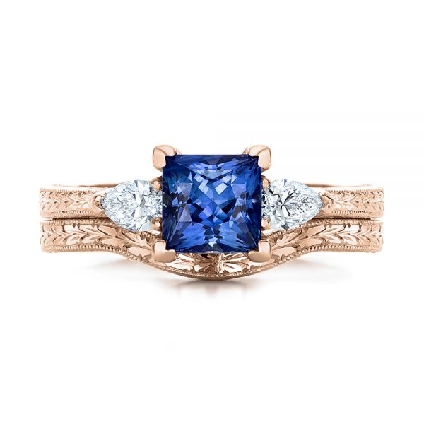 18k Rose Gold 18k Rose Gold Custom Three Stone And Blue Sapphire Engagement Ring - Three-Quarter View -  102046