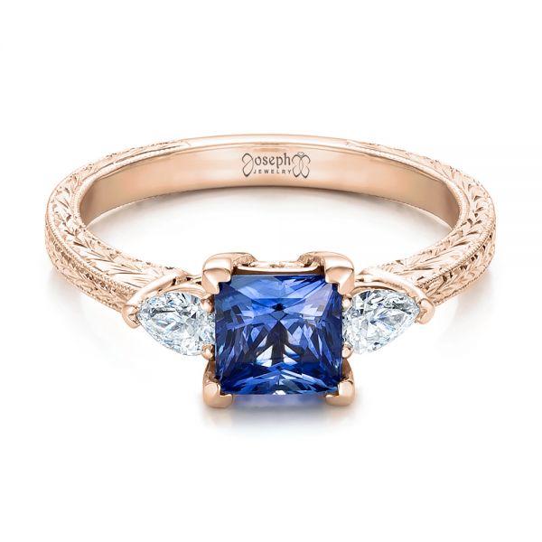 14k Rose Gold 14k Rose Gold Custom Three Stone And Blue Sapphire Engagement Ring - Flat View -  102046