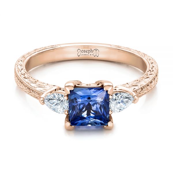 18k Rose Gold 18k Rose Gold Custom Three Stone And Blue Sapphire Engagement Ring - Flat View - 102046