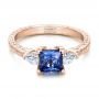 18k Rose Gold 18k Rose Gold Custom Three Stone And Blue Sapphire Engagement Ring - Flat View -  102046 - Thumbnail