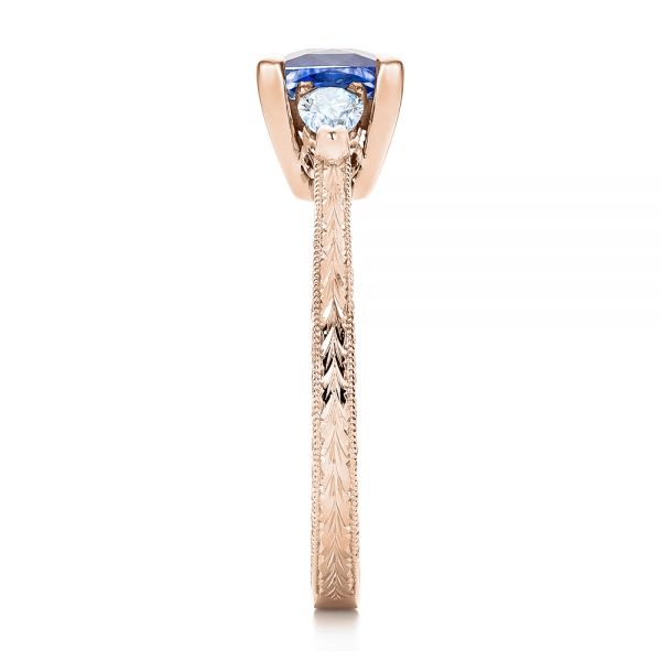 18k Rose Gold 18k Rose Gold Custom Three Stone And Blue Sapphire Engagement Ring - Side View - 102046