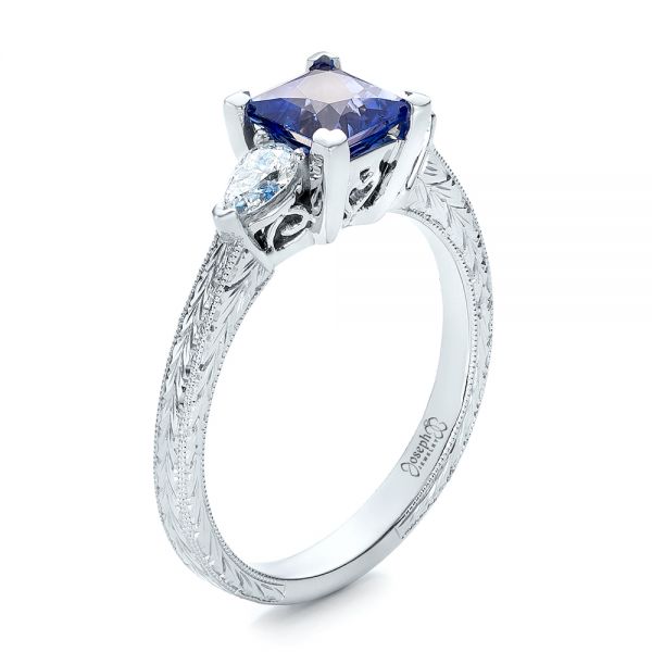 14k White Gold Custom Three Stone And Blue Sapphire Engagement Ring - Three-Quarter View -  102046