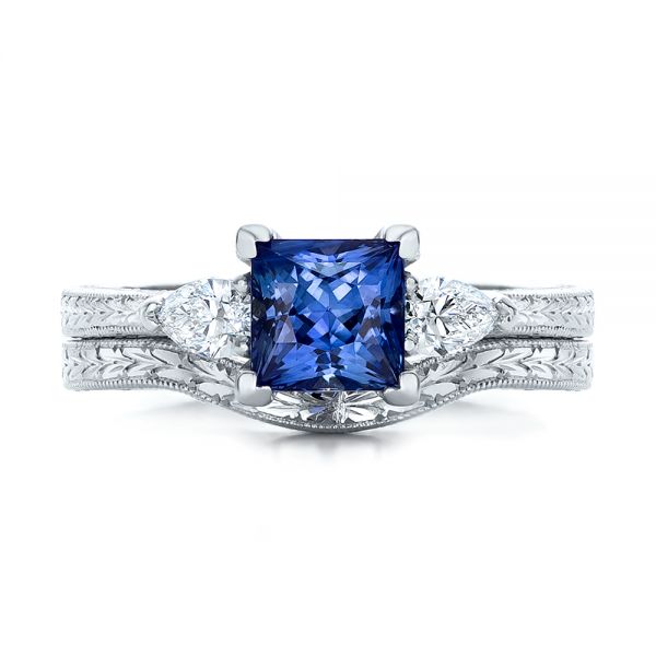 18k White Gold 18k White Gold Custom Three Stone And Blue Sapphire Engagement Ring - Three-Quarter View -  102046