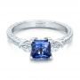 14k White Gold Custom Three Stone And Blue Sapphire Engagement Ring - Flat View -  102046 - Thumbnail