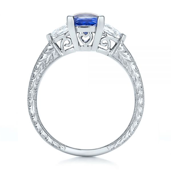 14k White Gold Custom Three Stone And Blue Sapphire Engagement Ring - Front View -  102046