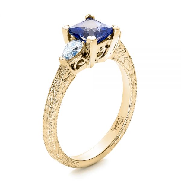 18k Yellow Gold 18k Yellow Gold Custom Three Stone And Blue Sapphire Engagement Ring - Three-Quarter View -  102046