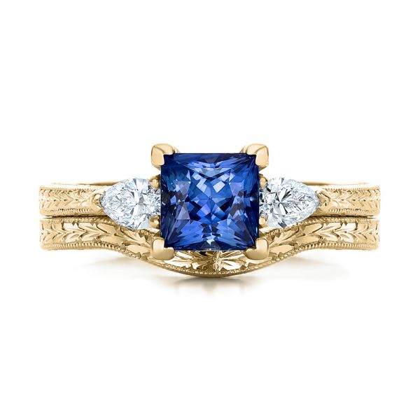 18k Yellow Gold 18k Yellow Gold Custom Three Stone And Blue Sapphire Engagement Ring - Three-Quarter View -  102046