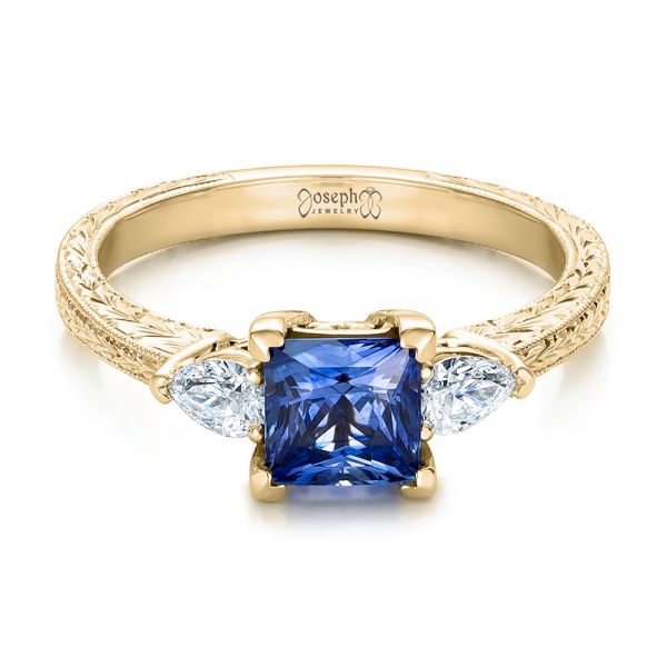 14k Yellow Gold 14k Yellow Gold Custom Three Stone And Blue Sapphire Engagement Ring - Flat View - 102046