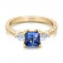 14k Yellow Gold 14k Yellow Gold Custom Three Stone And Blue Sapphire Engagement Ring - Flat View -  102046 - Thumbnail