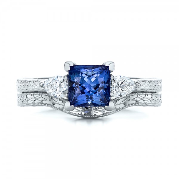 Custom Three Stone and Blue Sapphire Engagement Ring - Image