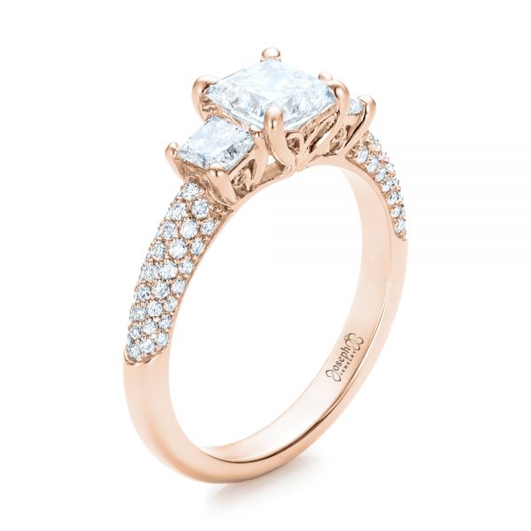 14k Rose Gold 14k Rose Gold Custom Three Stone And Pave Diamond Engagement Ring - Three-Quarter View -  100886