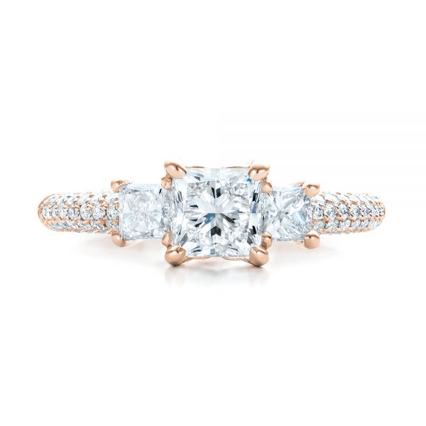 14k Rose Gold 14k Rose Gold Custom Three Stone And Pave Diamond Engagement Ring - Top View -  100886