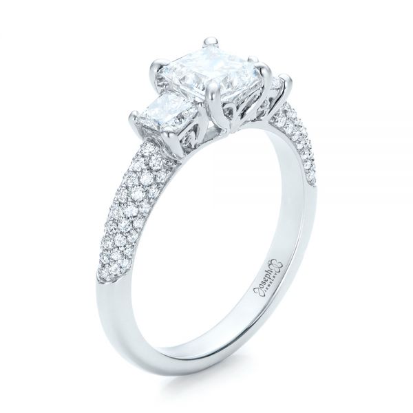 18k White Gold 18k White Gold Custom Three Stone And Pave Diamond Engagement Ring - Three-Quarter View -  100886